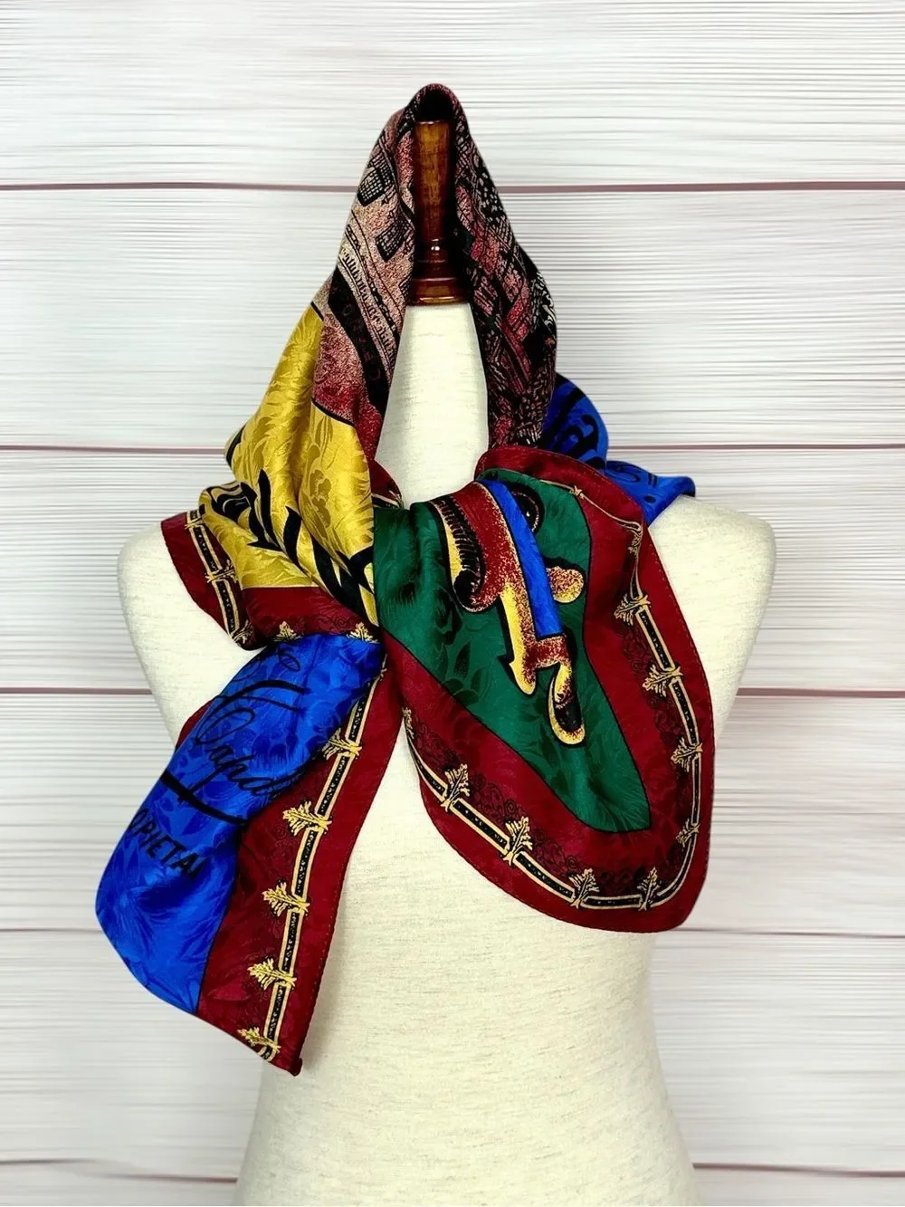 Ellen Tracy Silk Jacquard Scarf Grand Hotel De La Paix Madrid Travel Print Vtg